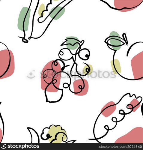 Fruit and berry seamless pattern. Garnet, corn, peach and currant sketch. Hand drawn illustration