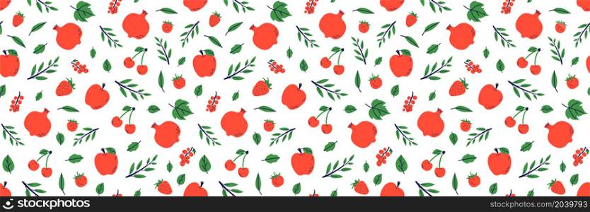Fruit and berry seamless pattern. Garnet, strawberry and apple. Color illustration in hand-drawn style. Vector repeat background.. Fruit and berry seamless pattern. Garnet, strawberry and apple. Color illustration in hand-drawn style. Vector repeat background
