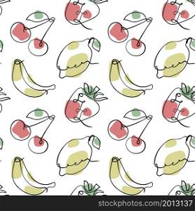 Fruit and berry seamless pattern. Strawberry, banana, cherry and lemon sketch. Hand drawn illustration.. Fruit and berry seamless pattern. Strawberry, banana, cherry and lemon sketch. Hand drawn illustration