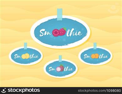 Fruit and berry smoothie drink sticker set vector illustration. Sign Smoothie on blue background in hand drawn frame on smoothies drink cocktail sticker for decoration shop label or sale offer banner. Fruit and berry smoothie drink sticker set graphic