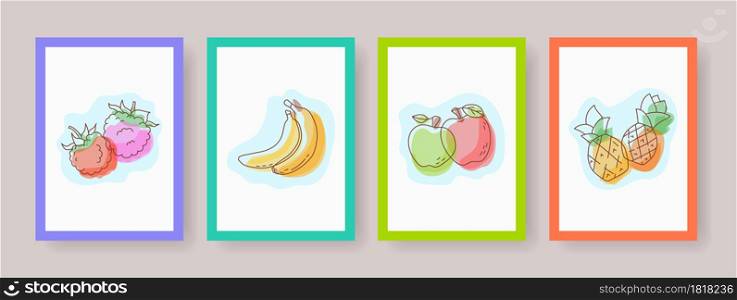 Fruit and berry vector banners for wall. Design posters with raspberry, banana, apple and pineapple. Hand drawn picture. Cover template set
