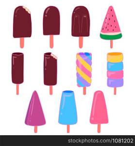 Fruit and eskimo ice cream illustration. Frozen juice. Ice cream in chocolate glaze. Cute vector illustration for card design.. Fruit and eskimo ice cream set