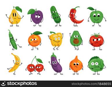 Fruit and vegetable characters. Cute organic food mascot characters with face emotions hands and legs. Vector set cartoon happy character fruit. Fruit and vegetable characters. Cute organic food mascot characters with face emotions hands and legs. Vector set