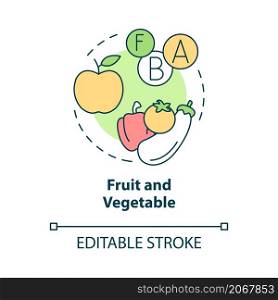 Fruit and vegetable concept icon. Organic dietary products. Fitness nutrition abstract idea thin line illustration. Isolated outline drawing. Editable stroke. Roboto-Medium, Myriad Pro-Bold fonts used. Fruit and vegetable concept icon