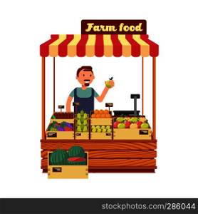 Fruit and vegetable market shop stand with happy young farmer character flat vector illustration. Farm market with fruits, character man seller farm food. Fruit and vegetable market shop stand with happy young farmer character flat vector illustration