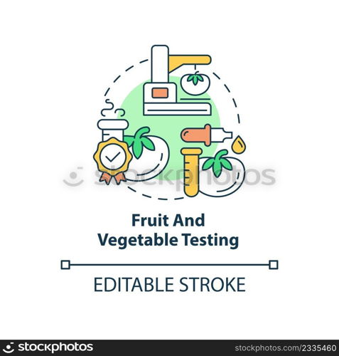 Fruit and vegetable testing concept icon. Lab testing for food production quality abstract idea thin line illustration. Isolated outline drawing. Editable stroke. Arial, Myriad Pro-Bold fonts used. Fruit and vegetable testing concept icon