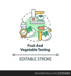 Fruit and vegetable testing concept icon. Lab testing for food production quality abstract idea thin line illustration. Isolated outline drawing. Editable stroke. Arial, Myriad Pro-Bold fonts used. Fruit and vegetable testing concept icon