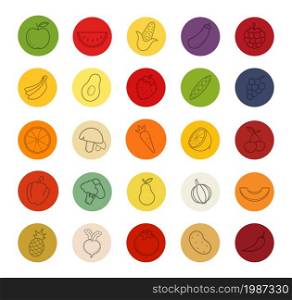 Fruit and vegetables color linear icons set. Vector colorful symbols in circles isolated on white. Fruit and vegetables color linear icons set