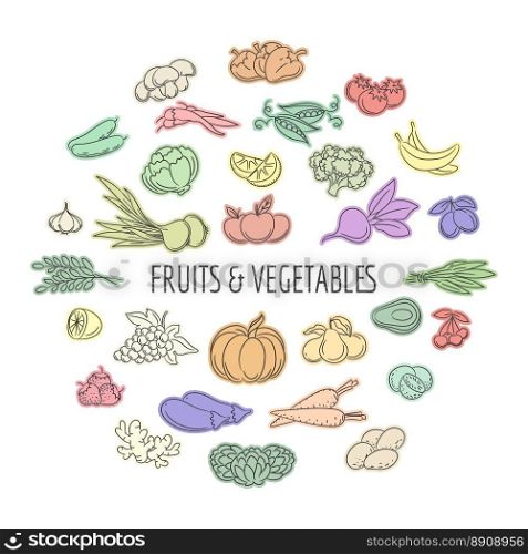 Fruit and vegetables doodles set. Fruit and vegetables doodles set. Vector hand drawing healthy food emblem