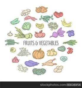 Fruit and vegetables doodles set. Fruit and vegetables doodles set. Vector hand drawing healthy food emblem