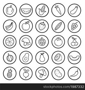 Fruit and vegetables linear icons set. Vector contour lines illustrations isolated on white. Fruit and vegetables linear icons set