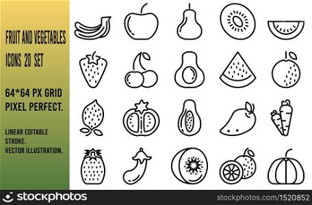 Fruit and vegetables outline icons set. 64x64 px Grid Pixel Perfect. Linear Editable Stroke. Vector Illustration.