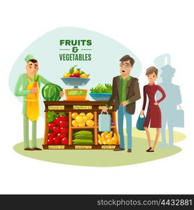 Fruit And Vegetables Seller Illustration . Fruit and vegetables seller with counter salesman and customers cartoon vector illustration