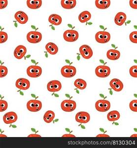 Fruit baby cartoon seamless pattern. Apple character with cute face pattern. Food background for kids wear or toys