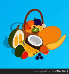 Fruit basket clip art. Isometric clip art of fruit basket concept vector icons for web isolated on blue background. Fruit basket clip art, isometric style