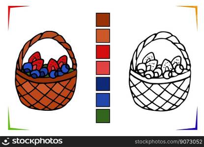 Fruit basket Coloring Page. Vector Educational worksheet colored by s&le. Paint game preschool. Elements for coloring book, page, printing, design illustrations in the style of outline for kids. Fruit basket Coloring Page. Vector Educational worksheet colored by s&le. Paint game preschool