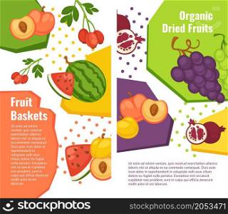 Fruit basket, organic and natural food for dieting and nutrition. Watermelon and grapes, pomegranate and peach with berries. Promo banner, advertisement or food presentation. Vector in flat style. Organic fruit basket, peach and grapes vector
