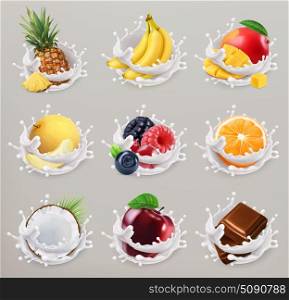 Fruit, berries and yogurt. Mango, banana, pineapple, apple, orange, chocolate, melon, coconut. 3d vector icon set 2