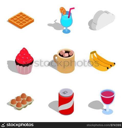 Fruit breakfast icons set. Isometric set of 9 fruit breakfast vector icons for web isolated on white background. Fruit breakfast icons set, isometric style