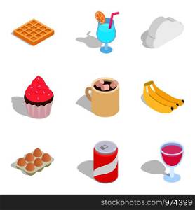 Fruit breakfast icons set. Isometric set of 9 fruit breakfast vector icons for web isolated on white background. Fruit breakfast icons set, isometric style