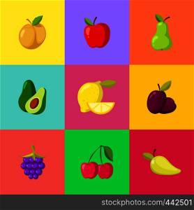Fruit cartoon icons set. Apple plum lemon cherry pear avocado. Vector illustration. Fruit cartoon icons set. Apple plum lemon cherry pear avocado