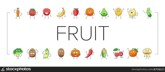 fruit character funny food icons set vector. happy orange, face strawberry, healthy lemon, smile apple, comic pineapple, banana fruit character funny food color line illustrations. fruit character funny food icons set vector