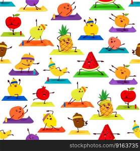 Fruit characters on yoga seamless pattern. Vector background with cheerful apple, pear, watermelon, kiwi, banana, pineapple and plum with garnet personages stretching, squatting and exercising on mats. Fruit characters on yoga seamless tiled pattern