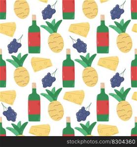 Fruit, cheese and wine seamless pattern. Picnic food background. Product print for textile, digital paper, packaging and design, vector illustration. Fruit, cheese and wine seamless pattern