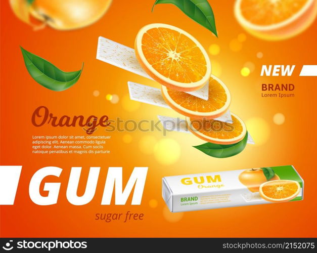 Fruit chewing gum. Citrus taste bubblegum. Realistic flying refreshing sticks with orange slices. Chewy stripes and leaves. Sugar free product. Packaging design for branding. Vector advertising poster. Fruit chewing gum. Citrus bubblegum. Realistic flying refreshing sticks with orange slices. Chewy stripes and leaves. Sugar free. Packaging design for branding. Vector advertising poster