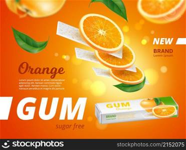 Fruit chewing gum. Citrus taste bubblegum. Realistic flying refreshing sticks with orange slices. Chewy stripes and leaves. Sugar free product. Packaging design for branding. Vector advertising poster. Fruit chewing gum. Citrus bubblegum. Realistic flying refreshing sticks with orange slices. Chewy stripes and leaves. Sugar free. Packaging design for branding. Vector advertising poster