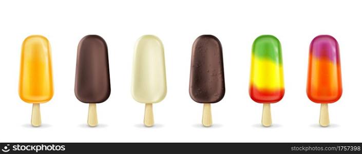 Fruit, chocolate ice cream lolly on stick, frozen fruity popsicle. Green, yellow, red and orange summer dessert of bright colors made of fresh juice isolated on white. Realistic 3d vector icons set. Fruit ice cream lolly on stick fruity popsicle set