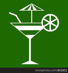 Fruit cocktail icon white isolated on green background. Vector illustration. Fruit cocktail icon green