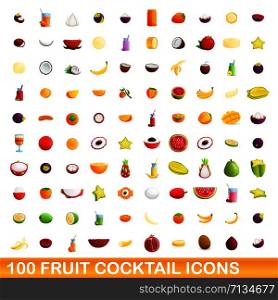 Fruit cocktail icons set. Cartoon set of 100 fruit cocktail vector icons for web isolated on white background. Fruit cocktail icons set, cartoon style