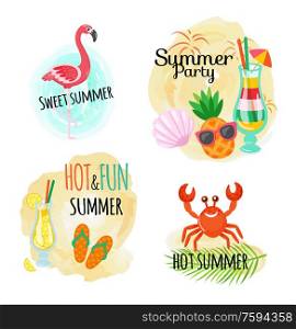Fruit cocktails, summer party, animal and bird vector. Flamingo and shellfish, pineapple in glasses and drink with straw and umbrella, flip flops and crab. Summer Party, Fruit Cocktails, Animal and Bird