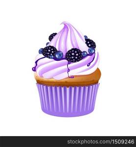 Fruit cupcake realistic vector illustration. Muffin with berries. Baked dessert, sugary pastry. Homemade bakery with blueberries and blackberries 3d isolated object on white background. Fruit cupcake realistic vector illustration