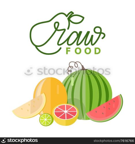 Fruit decoration, slice of watermelon and melon, orange and lime, season vitamin, citrus food, juicy ingredient, mix of vitamin, vegetarian object vector. Season Food, Melon and Watermelon, Citrus Vector