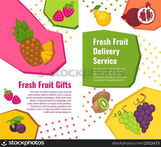 Fruit delivery service, pineapple and grapes, kiwi and raspberry, grapefruit and plum, lemon citrus. Shops or stores set. Promo banner, advertisement or food presentation. Vector in flat style. Fresh fruit delivery service, pineapple and grapes