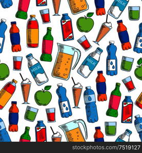 Fruit drinks and dairy beverages seamless background with pattern of juice pack, bottles of water, soft beverages and milk, milkshake in cocktail glass and pitcher of fresh lemonade. Fruit drinks and dairy beverages seamless pattern