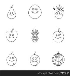 Fruit emoji icon set. Outline set of 9 fruit emoji vector icons for web isolated on white background. Fruit emoji icon set, outline style