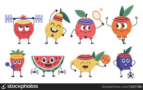 Fruit fitness characters. Doodle fruit mascots do sports, funny apple, lemon workout, healthy exercises and meditation isolated vector icons set. Fruit food, pear and lemon, pineapple ripe. Fruit fitness characters. Doodle fruit mascots do sports, funny apple, lemon workout, healthy exercises and meditation isolated vector icons set