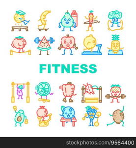 fruit fitness food diet icons set vector. healthy lifestyle, nutrition fit, sport exercise, workout weight, apple gym training fruit fitness food diet color line illustrations. fruit fitness food diet icons set vector