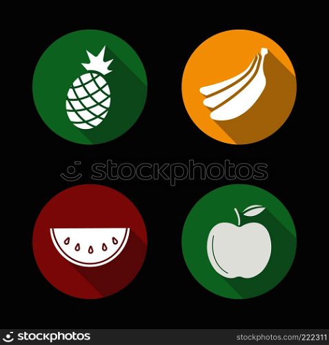 Fruit flat design long shadow icons set. Pineapple, bananas bundle, watermelon slice, apple. Vector silhouette illustration. Fruit flat design long shadow icons set