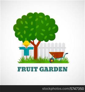 Fruit garden poster with tree scarecrow wheelbarrow on the lawn and fence vector illustration