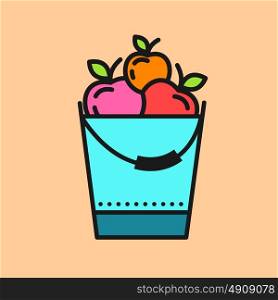 Fruit harvest. Apples in the bucket. Vector icon.