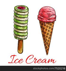 Fruit ice cream colored sketch. Strawberry ice cream cone and popsicle with tropical fruit flavor and jelly filling. Cafe menu, summer dessert or sweet shop design. Strawberry ice cream cone, fruit popsicle sketch
