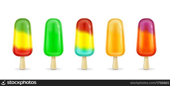 Fruit ice cream lolly on stick, frozen fruity popsicle. Green, yellow, red and orange summer dessert of bright colors made of fresh juice isolated on white background. Realistic 3d vector icons set. Fruit ice cream lolly on stick fruity popsicle set