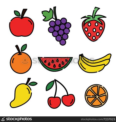 Fruit icon set, Mango, orange, grape, bananas, cherry and strawberry , vector design.
