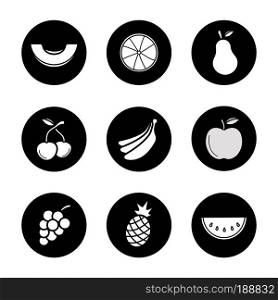Fruit icons set. Melon slice, orange half, pear, cherries, bananas bundle, apple, grapes bunch, pineapple, watermelon. Vector white illustrations in black circles. Fruit icons set