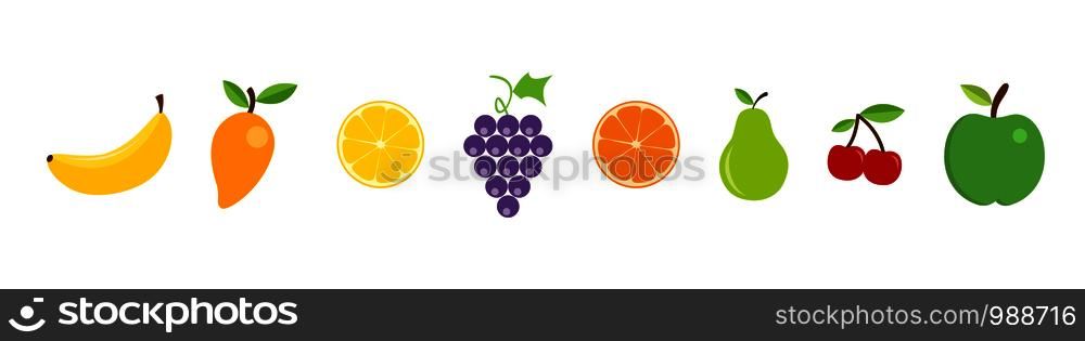 Fruit in a row. Juicy fruit. Fruit icons in modern flat design, isolated on white background. Apple, mango, lemon, grape, orange, pear, cherry and banana in flat style. Vector illustration . Fruit in a row. Juicy fruit. Fruit icons in modern flat design, isolated on white background. Apple, mango, lemon, grape, orange, pear, cherry and banana in flat style. Vector