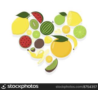 Fruit in heart. Summer set of fruits. Vector illustration